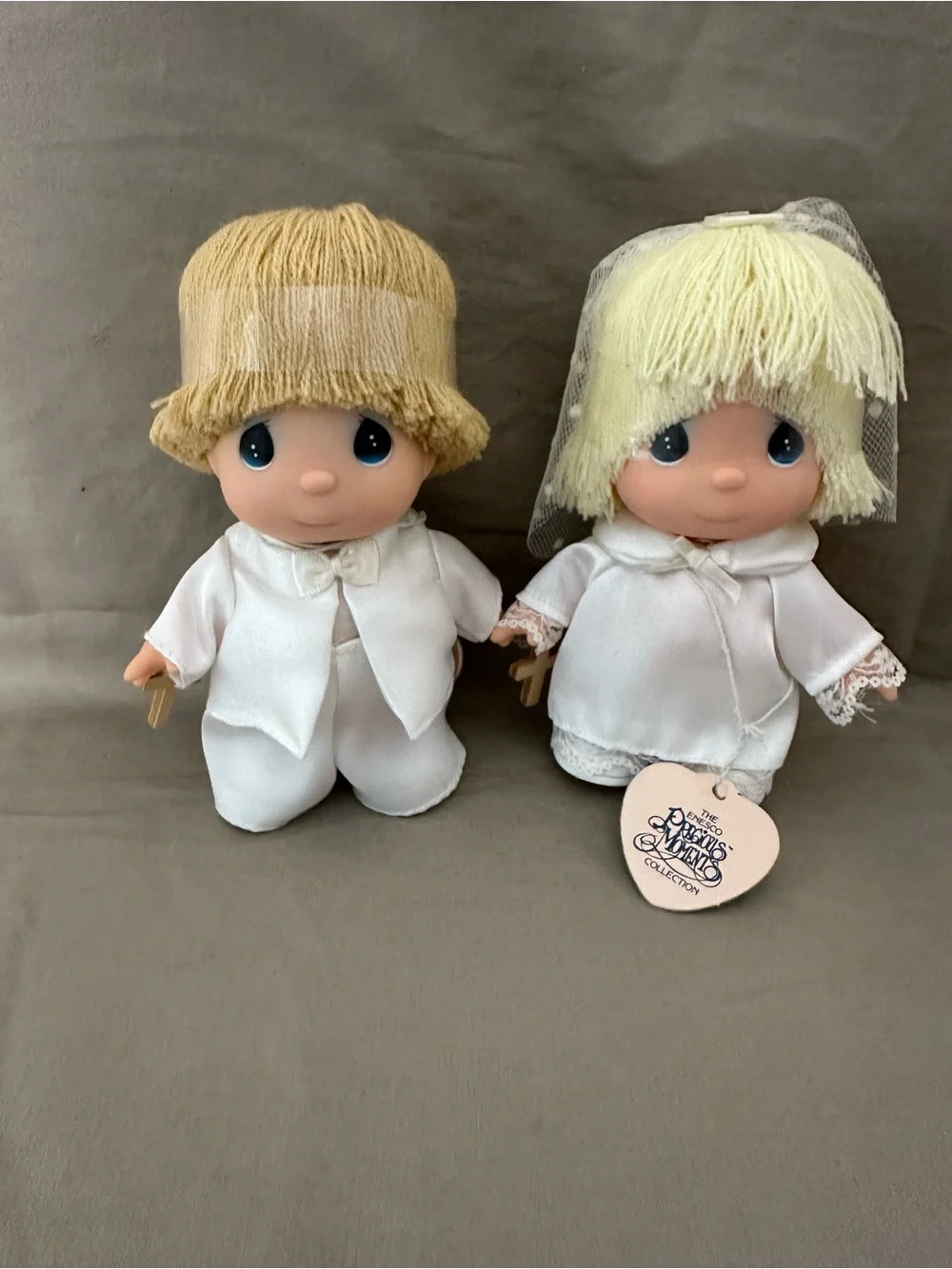 Precious Moments Blonde Bride and Groom Dolls in White Outfits